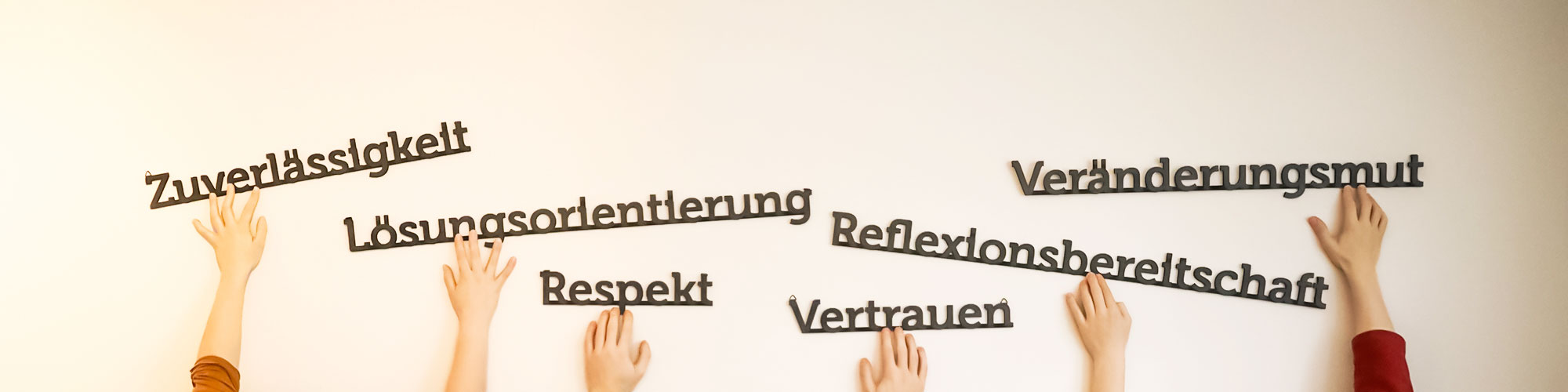 Bildbeschreibung Headerbild: Hände halten Begriffe an einer Wand fest. Diese Begriffe sind die Werte, für die das NiL steht. Die Begriffe lauten: Zuverlässigkeit, Lösungsorientierung, Respekt, Veränderungsmut, Reflexionsbereitschaft und Vertrauen.